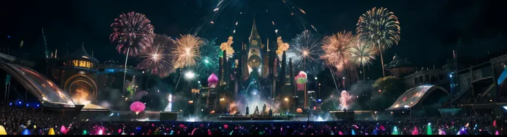 fantasy land, Tomorrowland, mega festival, ultra-realistic, 48k, vibrant colors, intricate details, immersive environment, ethereal lighting, futuristic landscape, mesmerizing architecture, surreal creatures, enchanting melodies, lively crowd, holographic ...