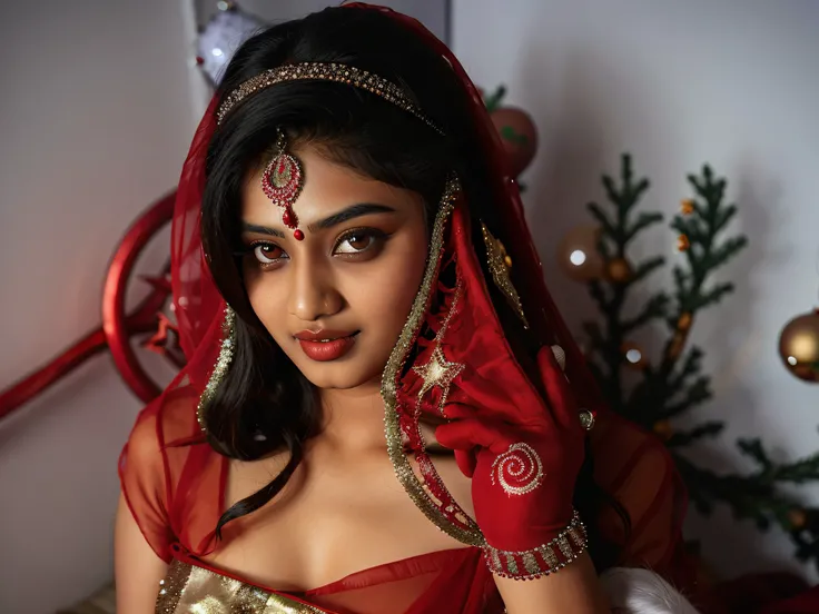 18 year old, female Bengali model, (christmasbckdrp:1.2), inside,presents,christmas dress,