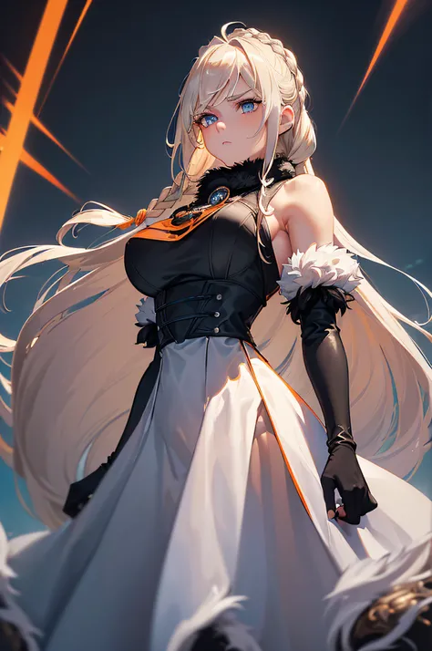 ((best quality)), ((masterpiece)), (detailed), perfect face, 4k, portrait, ((from front)), (upper body), ((1girl)), (((detailed silver blonde flowing hair tied in half-down braid))), ((((swept bangs hairstyle)))), ((bright sea blue eyes)), (c-cup breasts),...