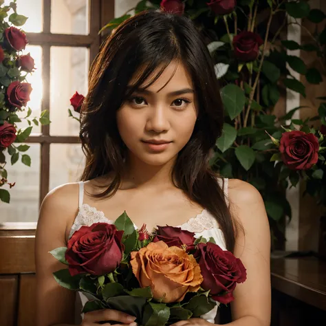 Create an Young Filipino Image Holding a bouquet of Red love roses and Chocolate