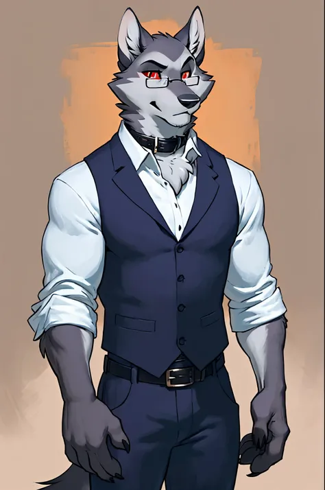 solo:1 vortex:0.8 (helluva boss), hellhound, skinny:1, masculine:1.2, black body, grey fur, red sclera, white eyes, male, (correct anatomy):1, solo, bare paws, red eyelids, black pupils, glasses, blue:1 vest, black collar, collared (white shirt):1.4 long s...