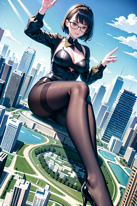 giantess art, highly detailed giantess shot, der riese, Shorthair, Giant woman bigger than a skyscraper, Wearing rimless glasses, Colossal tits, Big ass, Underwear, lace bra, Lace panties, Black pantyhose, I can see my toes through my pantyhose, hands off ...