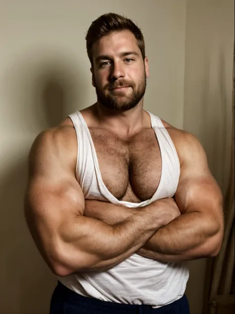 paloroid image, old distroted, thirstrap, hot hunky uncle with huge arms and pecs, , hairy, macho, ugly, wearing a white tank to...