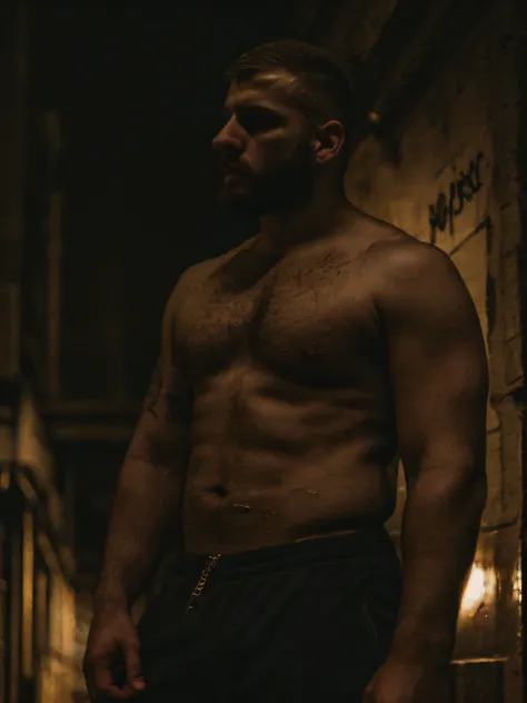 masterpiece, best quality, 1boy, adult male, beard, chav, rough, dirty, Mancunian, mean, bully, druggy, skinhead, in the neighbourhood, big arms and pecs , realistic, dramatic lighting, atmospheric, intricate detail,