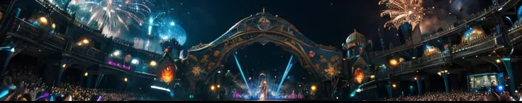 fantasy land, Tomorrowland, mega festival, ultra-realistic, 48k, vibrant colors, intricate details, immersive environment, ethereal lighting, futuristic landscape, mesmerizing architecture, surreal creatures, enchanting melodies, lively crowd, holographic ...