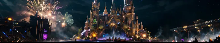 fantasy land, Tomorrowland, mega festival, ultra-realistic, 48k, vibrant colors, intricate details, immersive environment, ethereal lighting, futuristic landscape, mesmerizing architecture, surreal creatures, enchanting melodies, lively crowd, holographic ...