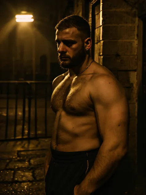 masterpiece, best quality, 1boy,  male, beard, chav, rough, dirty, Mancunian, mean, bully, druggy, skinhead, in the neighbourhood, big arms and pecs , realistic, dramatic lighting, atmospheric, intricate detail,