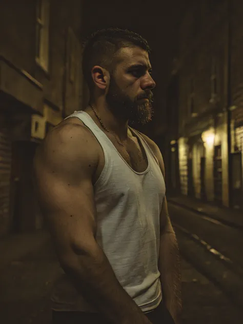 masterpiece, best quality, 1boy,  male, beard, chav, rough, dirty, white tank-top, Mancunian, mean, bully, druggy, skinhead, in the neighbourhood, big arms and pecs , realistic, dramatic lighting, atmospheric, intricate detail,