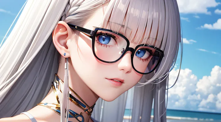 a close up of a woman with long blue hair and glasses, long straight silver hair, pale goth beauty, with white long hair, long white hair and bangs, light gray long hair, silver long hair, with long white hair, silver hair girl, long silver hair, sky blue ...