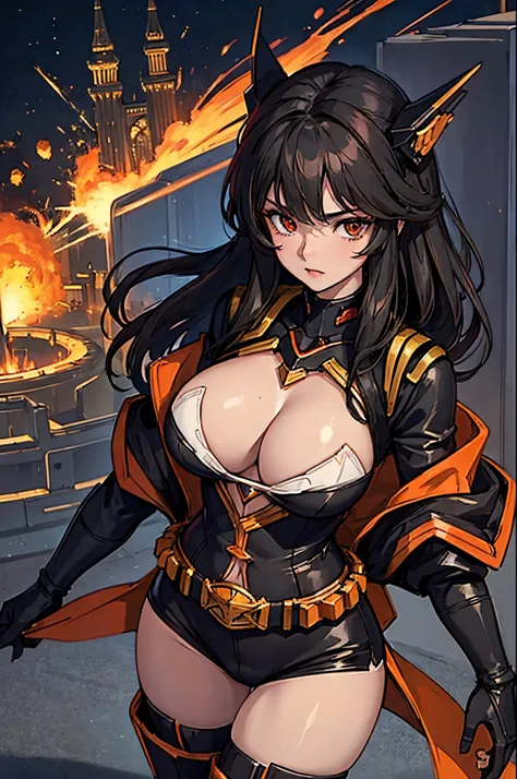 Beautiful girl, prideful, black hair, dark, fire, beautiful city, normal sized breasts, fantasy city, top view of the city, Girl with mecha suite, orange Mecha-Suite, focus should be on the background, in the background: fantasy tower and explosion