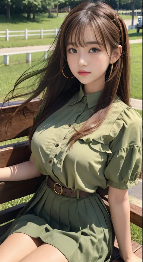 1个Giant Breast Girl, Alone, fresh beans, Horse Girl, horse ear, horse tails, Brown eyes, Brown hair, Long whit hair, 浅笑, Arches of the ears, Ruffled skirt, Green skirt, high waist skirt, Puffy Short Sleeves, Thin, Elongated, (:0.8)