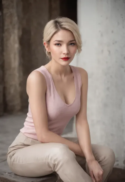 1woman, 30 years old, ultrarealistic skin with wrinkles and pores and marks, actor shown nearly full length seated, actor promo portrait photo, short pompadour hairstyle, platinum blonde hair, a Haley Bennett lookalike, light blue eyes, beautiful perfect d...