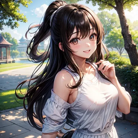 animesque、a beauty girl、poneyTail、morning、Jogging、a park、perspiring、white and black jersey、Brown hair、Brown eyes、A smile、Beautiful breasts