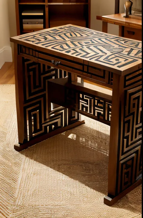 Let&#39;s imagine a desk for a study, whose structure is inspired by a labyrinth. The legs of the table will represent the intricate paths of the maze, creating an interesting graphic element. The surface of the tabletop can be made in the form of a styliz...