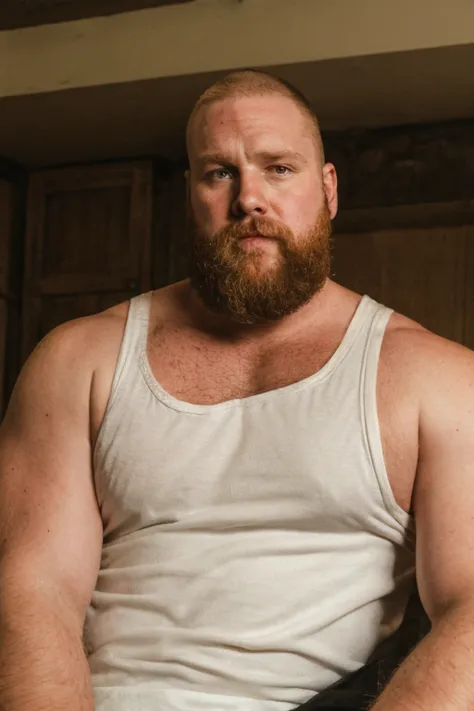 paloroid image, old distroted, thirstrap, seductive, proud, revealing, hot hunky uncle, skinhead, bearded, ginger, handsome, bee...