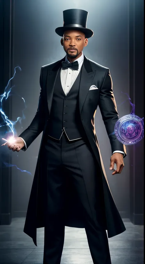 Will Smith is a magician in a suit and top hat like Doctor Strange, marvel, Abs, Beard and Gray Hair, psychotechnical training, full body photo, photo from head to toe, 35mm Spring, photography, ultra details, HDR, UHD, 8k