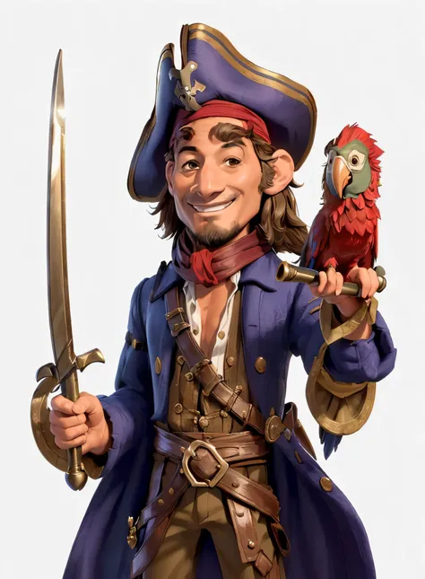 ((masterpiece)), ((best quality)), (ultra-detailed), ((cinematic light)), ((extremely detailed)), mature man, pirate costume, (smile), pirate hat, sword, parrot on the shoulder