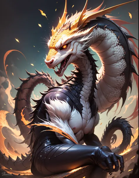 create white dragon breathing fire from its nostrils looking at a golden statue of another dragon --auto --s2