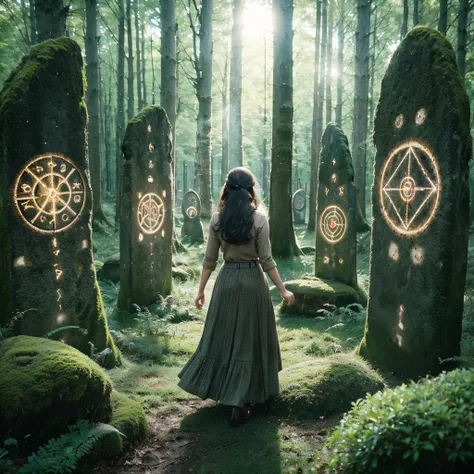 Photo of a woman with dark hair in an updo, in a 1940s skirt and blouse stepping into a circle of standing stones, with her back to the camera. Full body depiction. Mysterious feeling of magic and time travel. On a densely wooded Scottish hillside. Photore...