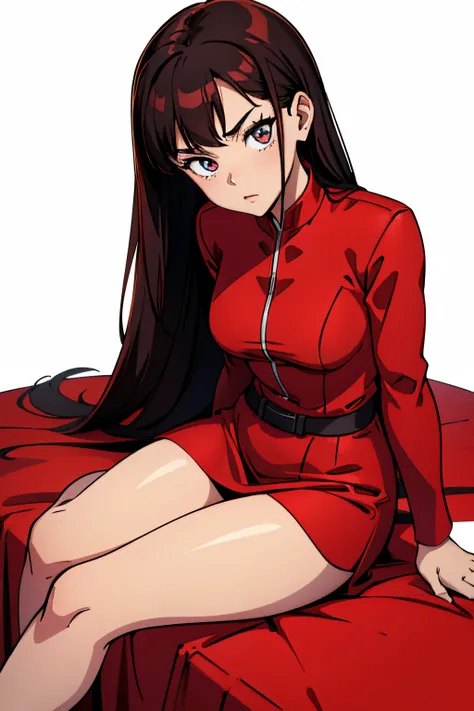 Martial woman in a red dress sitting on the bed, wearing a red dress, wearing a red dress, in a red dress, red dress, wearing a red uniform, wearing a red sundress, girl in a red dress, sexy red dress, red clothes, 1 8 years old, girl She is 19 years old, ...