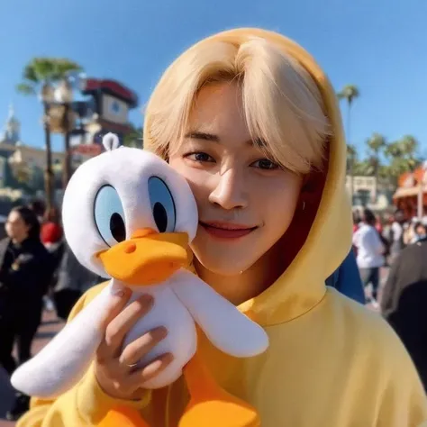 araffe con una sudadera con capucha amarilla sosteniendo un pato de peluche, El Pato Donald en la vida real, Parque Jimin, Jimin, Cai Xukun, sosteniendo un pato blanco, Cara precisa de Jimin, Jiminlabios regordetes, Kim Doyoung, Pato Donald, Jung Jaehyun, ...