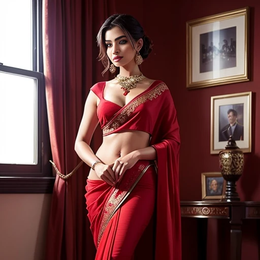 a woman in a red sari posing for a picture, featured on instagram, seductive, angular, sensual, hot, sexy