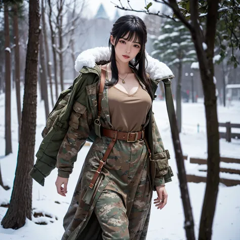 Beautiful tall woman with very attractive military outfit with big chests holding an M4 in a snow scenery white camouflage clothes of better quality and better effects better shadows better lighting 8k