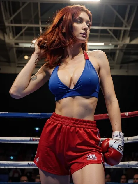 red hair, blue crop, tall, slim waist, firm breasts, sporty hips photo taken at a boxing match