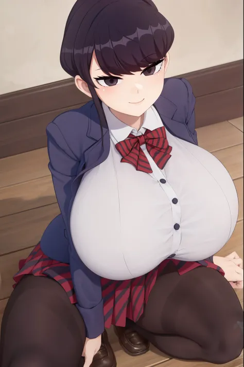 (masterpiece, official art), 1girls, solo, shortstack, thick, curvy, curvaceous, black hair, black eyes, short hair, komi shouko, (school uniform), (closeup), portrait, (gigantic breasts), sitting on the floor, spread legs, at barn, sunlight, looking at vi...