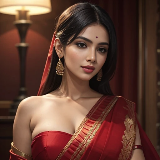 a woman in a red sari posing for a picture, featured on instagram, seductive, angular, , hot, sexy, juicy lips,