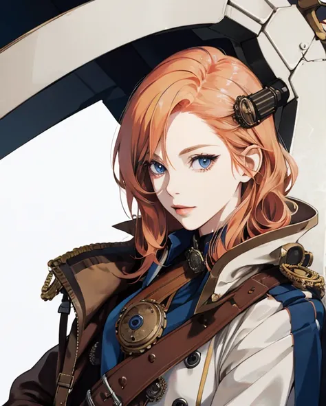 A headshot of a white female, medium length strawberry blonde hair, dark blue eyes. Wearing a steampunk style military uniform