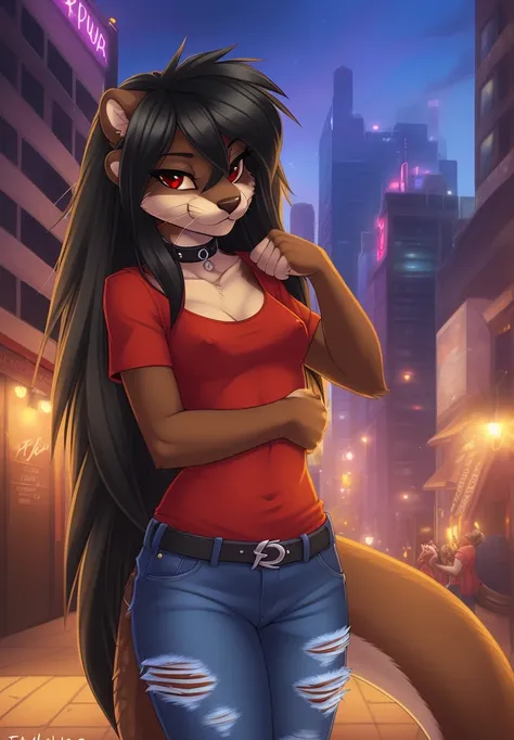 fluff-kevlar, by fluff-kevlar, anthro, ((otter)), female, ((1woman)), ((small breasts)), ((long hair)), ((black hair)), city scene, on e621, choker, detailed body, finely detailed eyes, finely detailed paws, punk style, female focus, ((nipple bump)), (hair...