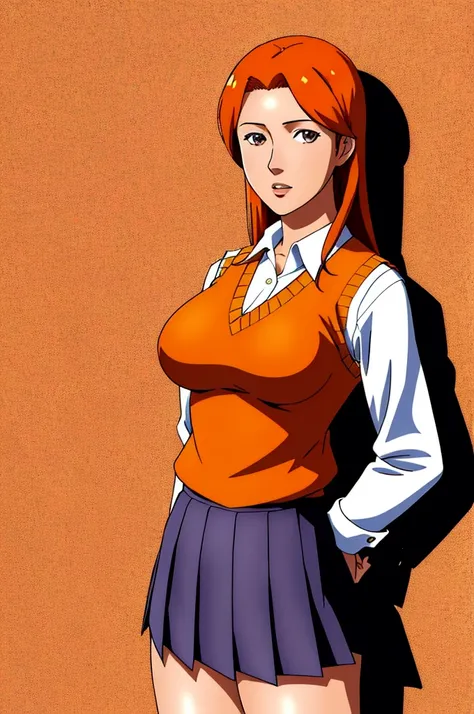 (best quality, ultra detailed, masterpiece), inoue orihime, orange hair, long hair, gray eyes, school uniform, hair ornament, thight sweater vest, pleated skirt, detalied background, school background, looking at the viewer, arcane style, big breast