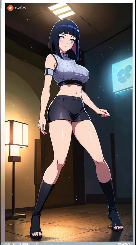 (high quality,4k,anime),(Hinata Hyuga from the anime Naruto: full body),(straight-lined elongated face,4k),(big breasts),(long legs like a model),(wearing a mini skirt and a short black crop top),(vivid colors),(sharp focus),(studio lighting)