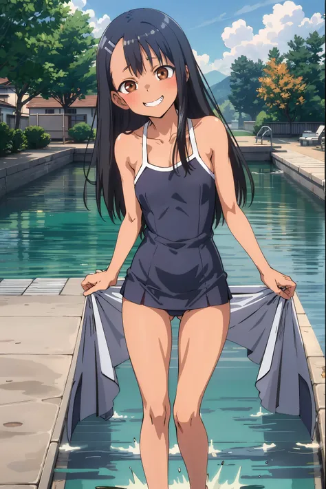 HDR, CG, sharp focus, (8k), (4k), masterpiece, best quality, sharp focus, extremely detailed, intricate, hyper detailed, nagatoro hayase, brown eyes, black hair, bangs, long hair, dark skin, hairclip, blue swimsuit, barefoot, standing, arms behind body, lo...