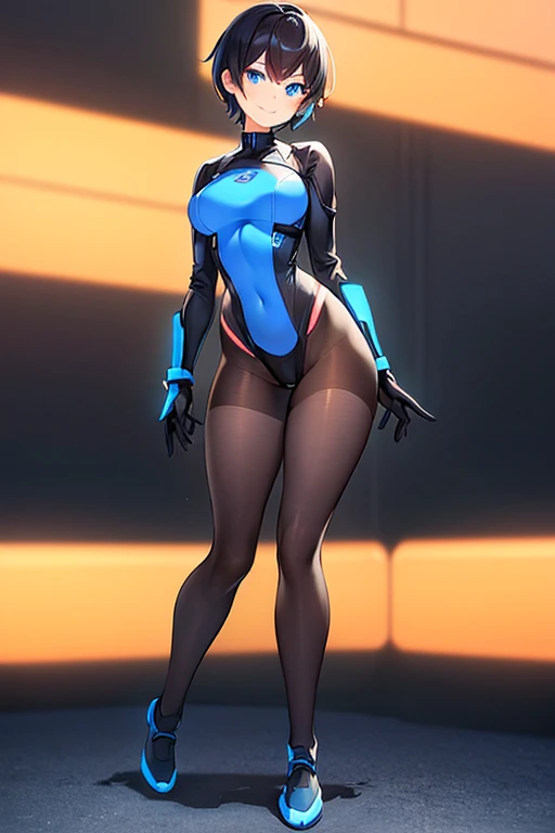 1girl, breasts, large breasts, black hair, very short hair, pixie cut, tomboy, boyish, blue eyes, bodysuit, black bodysuit, blue trim, science-fiction, futuristic, tech, neon trim, neon, smile, full body, ((full body)), pantyhose, black pantyhose, hourglas...