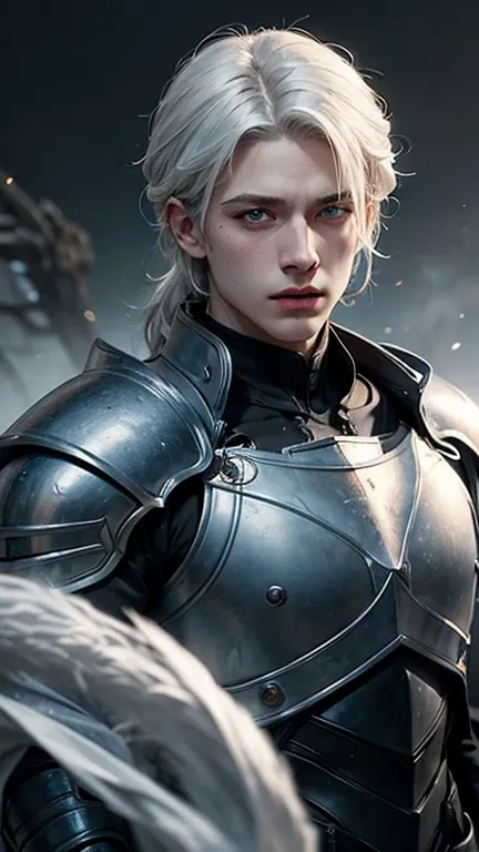 (More than half body), 1man, white hair, a knight, a little stern, solo focus masculine face, vivid blue eyes, large faded scar over left eye, hyper realistic, curtain hairstyle, heroic, black armor, frost forest, realistic, dynamic pose realistic, detaile...