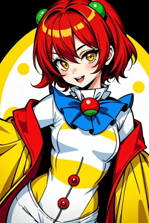 Cute girl, Clown costume, Short red hair,White skin, beautiful yellow eyes, clown