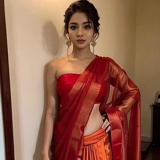 a woman in a red sari posing for a picture, featured on instagram, seductive, angular,  hot, sexy