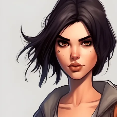 um desenho animado de uma mulher com uma jaqueta e uma camisa branca, Closeup da arte do personagem, Lois van Baarle e Rossdraw, arte do personagem charlie bowater, retrato de personagem de closeup, closeup retrato de personagem, retrato da arte do persona...