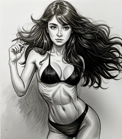 un dibujo de una mujer en bikini y bragas, pose casual, Proporciones realistas SFW, Concepto de personaje poco realista, girl sketch, sketchy artstyle, Boceto antiguo, Personaje de estilo anime,  Fanart de chicas, boceto de anime, Proporciones realistas!!,...