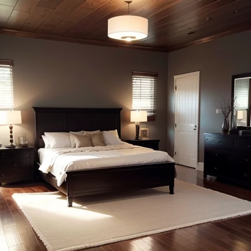 Elegant bedroom, wood panel walls, artwork, 4 post bed, rug on floor, dark hardwood floors