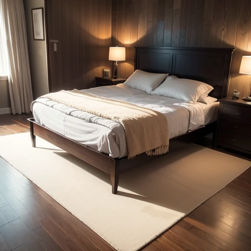 Elegant bedroom, wood panel walls, artwork, 4 post bed, rug on floor, dark hardwood floors, woman in bed in underwear