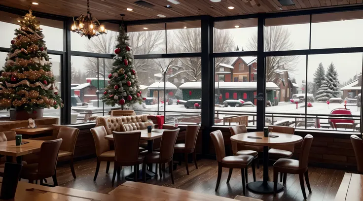 realistic starbucks cafe, decorated with christmas motives, a hot coffee in a table, big windows and is snowing outside, ultra h...