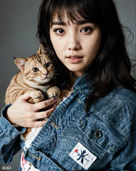 Araffe woman holding a cat in her arms and looking at the camera., Kimi Takemura, por Tadashi Nakayama, Kiko Mizuhara, Como Garcon Campaign, Lulu Chen, Eiko Ishioka, Blackpink Jennie, con gatos de su lado, por Oka Yasutomo, Chiho Ashima, foto de la revista