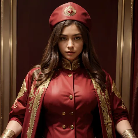 uniform by imagining a deep crimson double-breasted jacket with gold trim, a matching cloak with intricate gold embroidery, red leather gloves with gold accents, a red cap with a gold emblem, and a tailored red vest