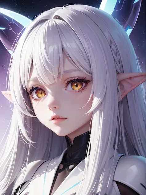 Sci-fi princess, elvish ears, alien antennas, yellow eyes, futuristic sci-fi white dress,purple skin, beautiful, petite, ,white hair, white facial markings, anime style,