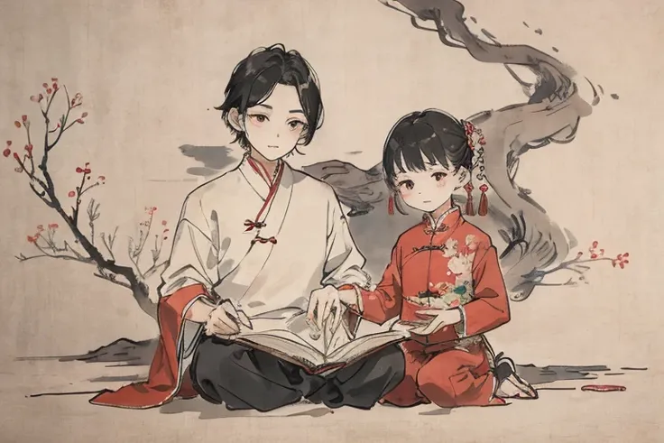 （tmasterpiece，best qualtiy：1.2），Tradition Chinese Ink Painting，Tradition Chinese Ink Painting，ancient children reading,Red clothes