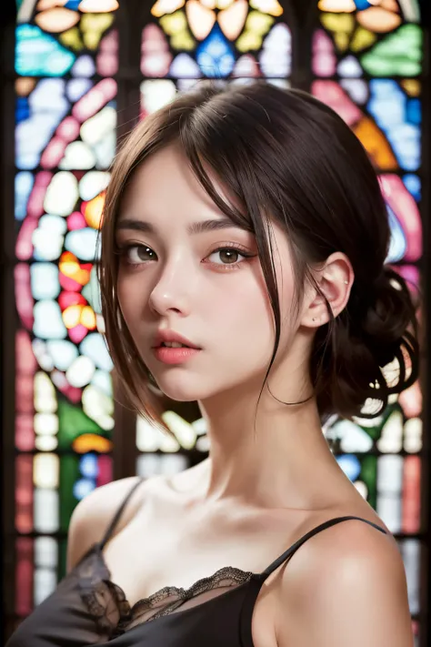 1 girl pink top, dark brown hair, stained glass, brilliant colors, masterpiece, best quality, detailed eyes, detailed lips, detailed clothes, (black eyes: 1.2), very realistic face,