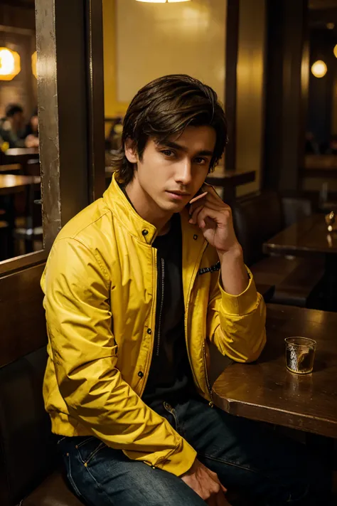 A boy sitting in a restaurant wearing yellow jacket and black jeans background of money heist theme